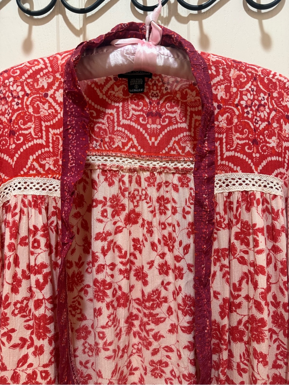 Angie Boho Red Floral Lace-Trim Kimono Women's Top